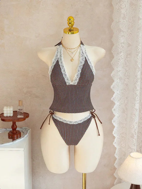 Deep V Lace Polka Dot Tie Front Sexy Bikini Set Designer | SAMAG