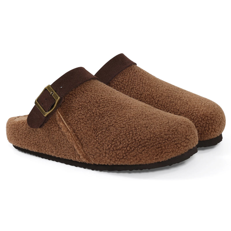 Crestar Fuzzy Clogs Slipper For Women Winter Non-slip Cork Footbed Mules With Adjustable Strap Lady Comfort Casual Potato Shoes