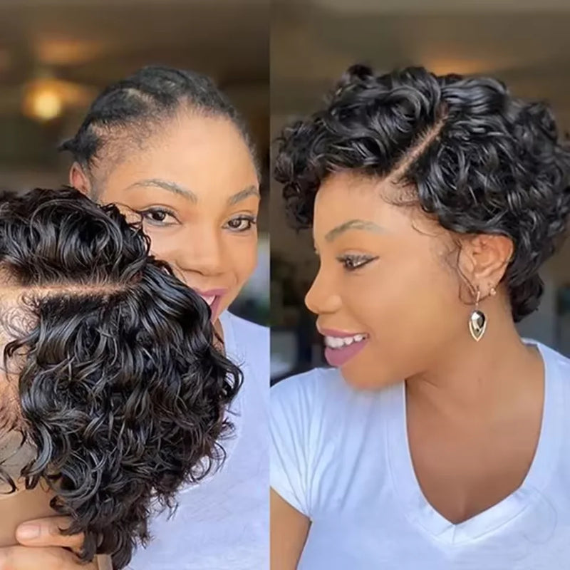 Indian Pixie Cut Wigs Human Hair Short Curly Lace Front Human Hair Wigs Side Part Water Wave Bob Wig 13x1 Transparent Lace Wigs
