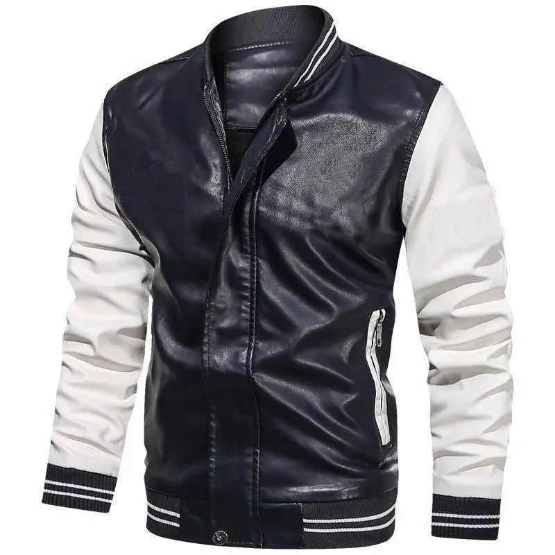 Men's Autumn Casual Baseball Collar PU Leather Jacket Contrasting Large Size Washed Leather Jacket Men's