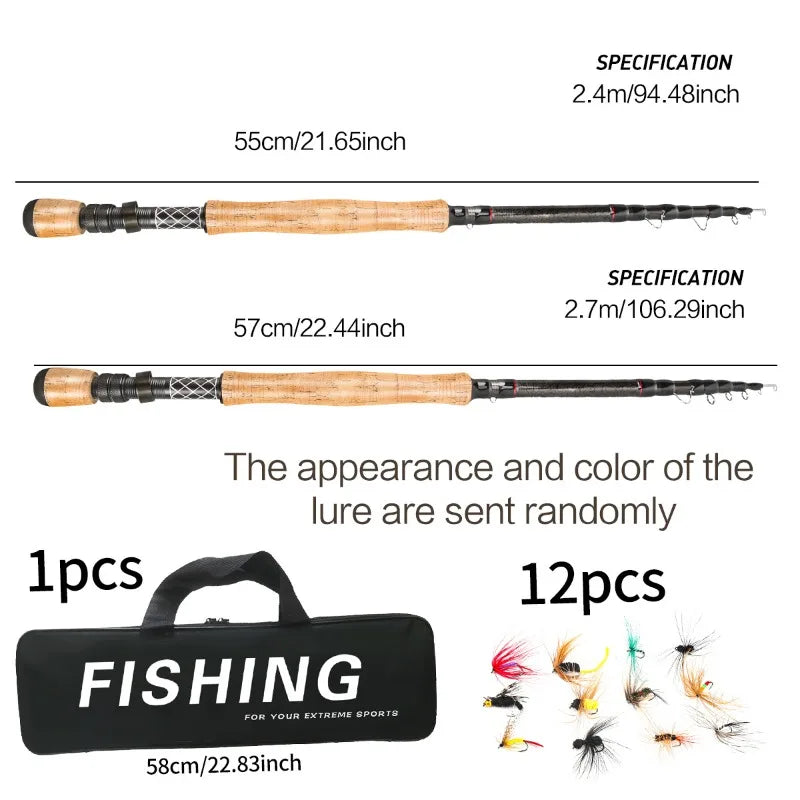 Carbon Fiber Fly Fishing Rod Reel Combo Kit 240cm 270cm Portable Full Set With Simulation Fly Lures Braided Line Storage Bag 8