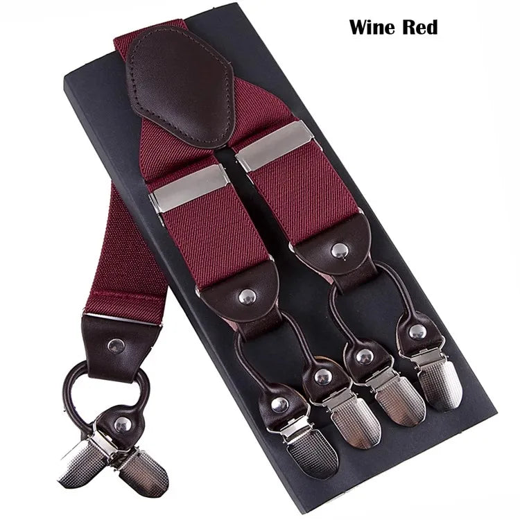Men's Casual Fashion Leather Suspenders Adjustable High Quality Belt Strap Braces with 6 Clips