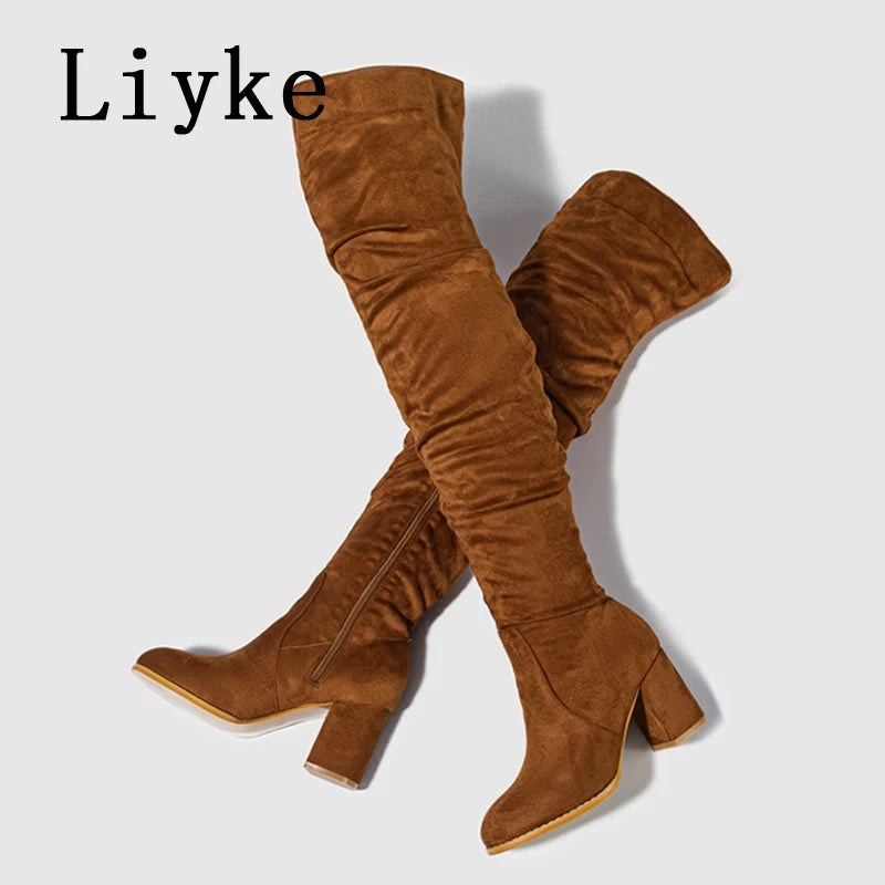 Liyke 2026 New Fashion Round Toe Zip Thigh High Boots Women Autumn Winter Chunky Heels Motorcycle Over The Knee Shoe Botas Mujer