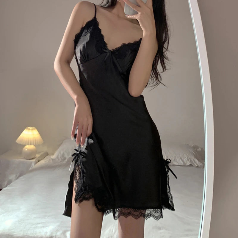 Sexy Lace V Neck Lingerie Dresses Women Night Dress Satin | SAMAG