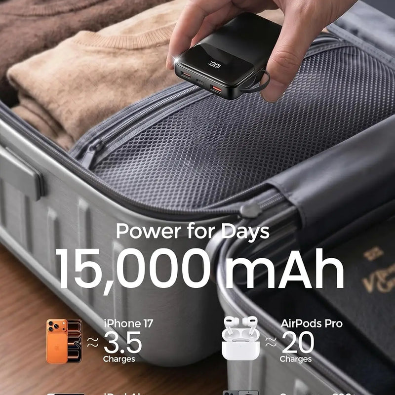 Power Bank,15000mAh Portable Charger with Built in Cable,22.5W Fast Charging,6 Outputs,Slim Travel Essential Battery Pack