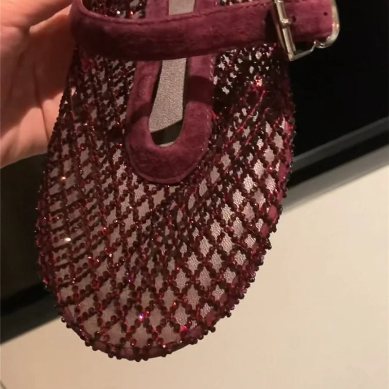 Round Head Hollow Out Women Shoes Fashion Crystal Cover Heels Ballet FlatsSummer Buckle Strap Sandals