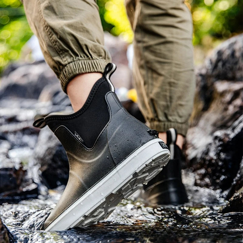 Men Rain Boots Non-slip Water Shoes Outdoor Waterproof Fishing Boots Slip on Men Rubber Boots PVC Material Round Toe Rain Shoes