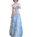 Women Summer 2 Piece Skirt Set Floral Embroidery Lace Corset Top Tiered Maxi Beach Vacation Holiday Outfit