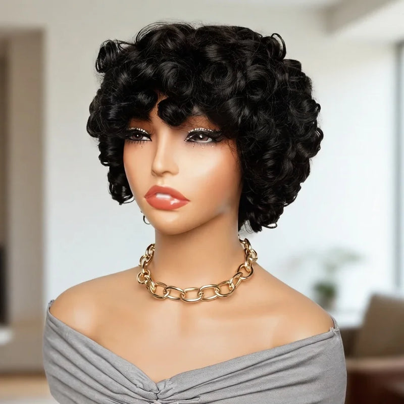  Brazilian Human Hair Wig Short Pixie Cut Egg Bob with Bouncy Curly Springy Curls Natural Looking for women  Full Machine Made