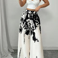Women Black Ink Floral Print Wide Leg Pants Elastic High Waist Silky Satin Palazzo Trousers Summer Vacation Casual Loose Long Pants Beach Bottoms Vestidos