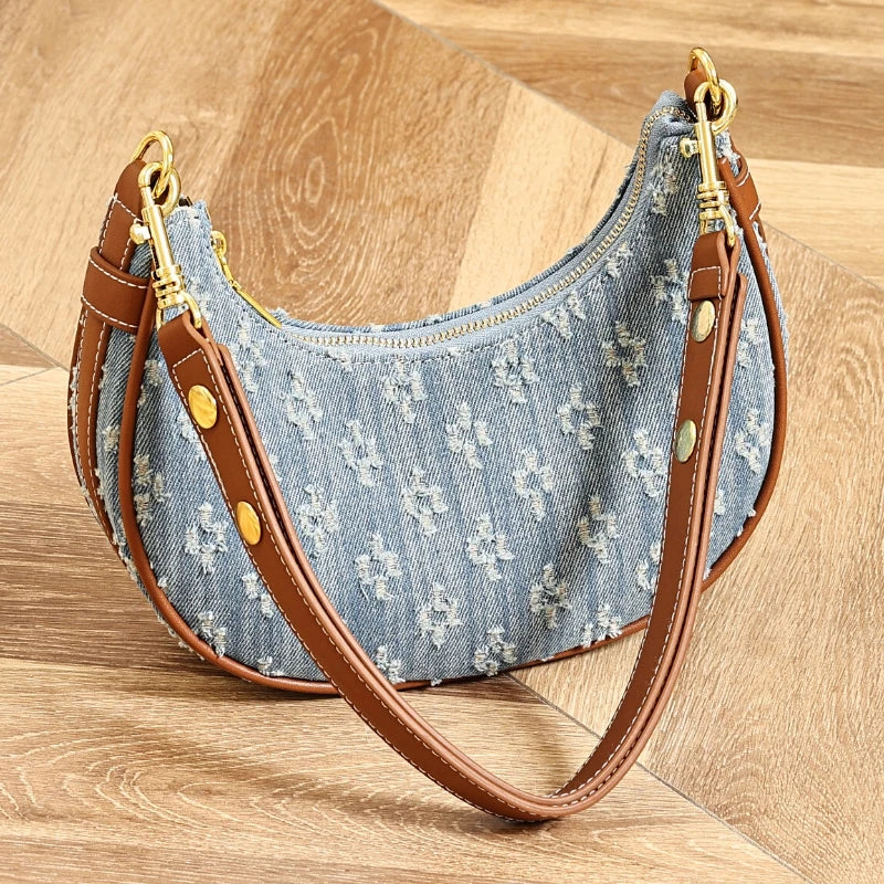 Fashion Denim Hobo Bag 2026 Spring/summer Youth Sweet Crescent-shaped Shoulder Bag Large Capacity Zipper Commuter for Work