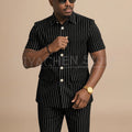 Navy Blue Striped Men Suits Chic Stand Collar Short Sleeves Wear Single Breasted Office Business Casual Male Suit 2 Piece
