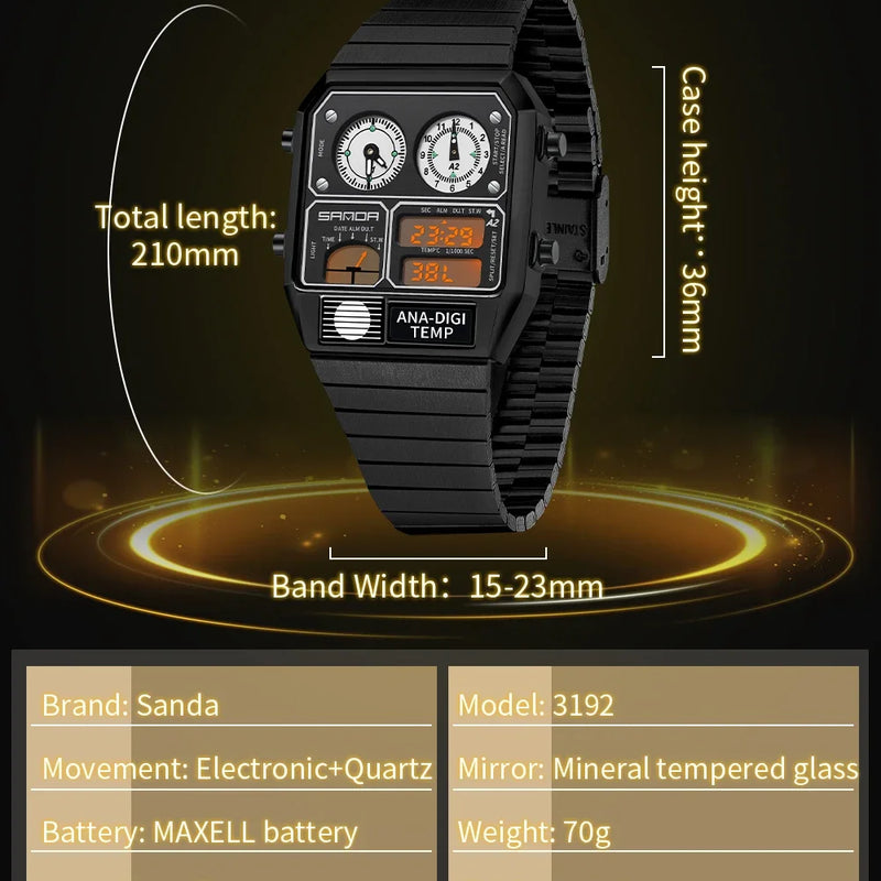 SANDA Top Fashion Men's Leisure Electronic Watch Multifunctional Thermometer Stopwatch Timing Men's Electronic Watch 3192