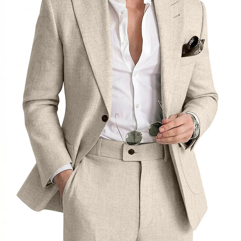 Mens Linen Suit 2 Piece Casual Suits for Men Summer Beach Groom Wedding Suit Linen Blazer Pants Set