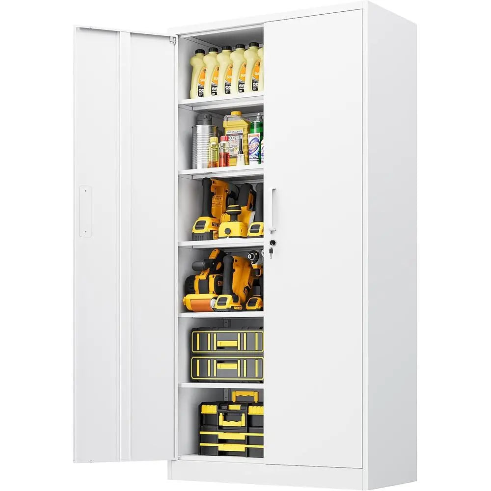 Metal Storage Cabinet with Lock,Tall White ile Cabinet with 2 Doand 5 Adjustable Shelves,Steel Storage Cabior Garage,Home Oice,P