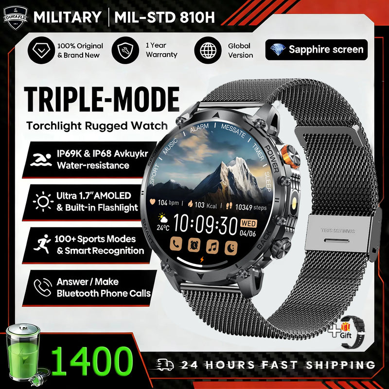 Hot New 1400mAh Big Battery Smart Watch Men Outdoor Flashlight IP68 Waterproof Bluetooth Call AMOLED Military Sports Smartwatch