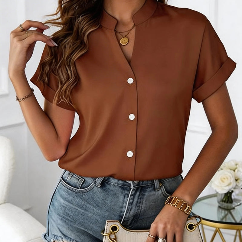 European Style Simple V-Neck Blouse for Women - Summer Short-Sleeved Loose-Fitting Slimming Professional Business Shirt