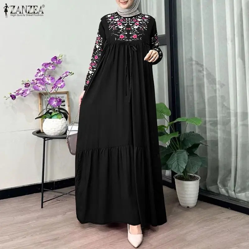 ZANZEA Muslim Women's Floral Print Maxi Dresses Lantern | SAMAG