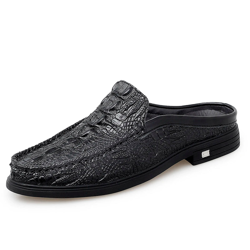 Summer Classic Half Shoes men Genuine Leather Crocodile pattern man Half Slippers Casual Outdoor Mules Non-slip Moccasins hombre