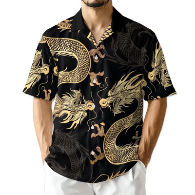 Dragon Print Aloha Shirt Men Women Bold Golden Graphic | SAMAG
