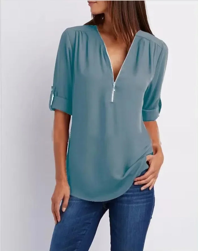 Women Cool Loose Shirt Deep V Neck Chiffon Fashion Blouse - View 6 | SAMAG