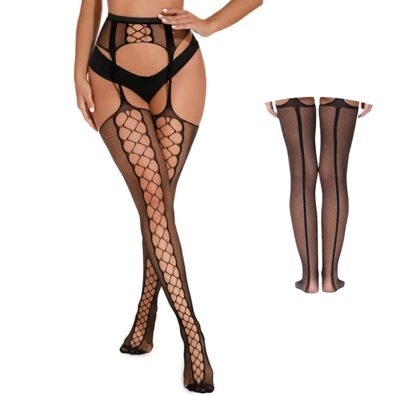 High Waist Sexy Fishnet Black Garter Stockings Tights Open Crotchless Body Suit Large Plus Size Pantyhose for Oversized Woman XL
