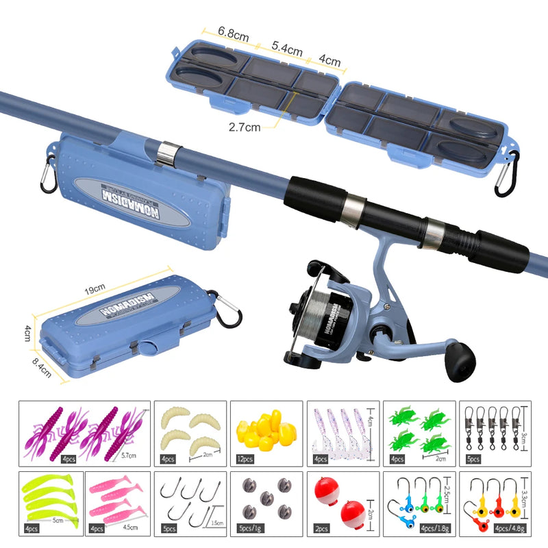 New 1.65mTelescopic Fishing Rod And Spinning Reel Kit with Baits Hooks Travel Pole Set Bait Hook Tackle Set for Outdoor Sports