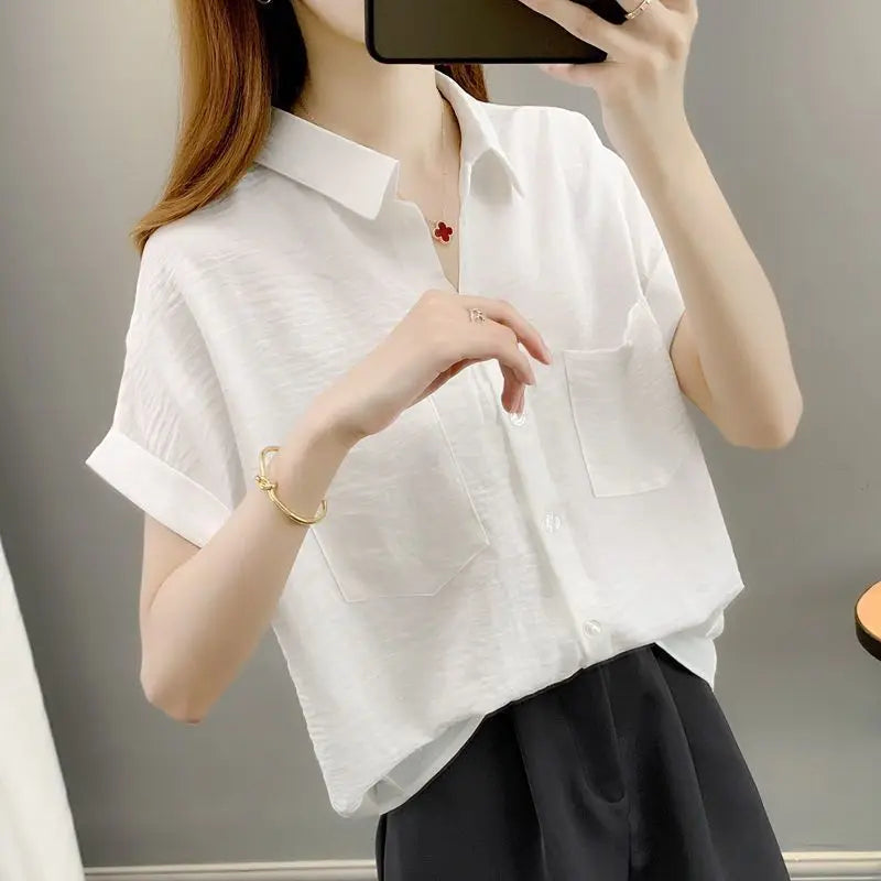 2026 New Faion Loose Materni Summer irt Women's Thin ort Sve Polyester  Collar Button up Casual Top