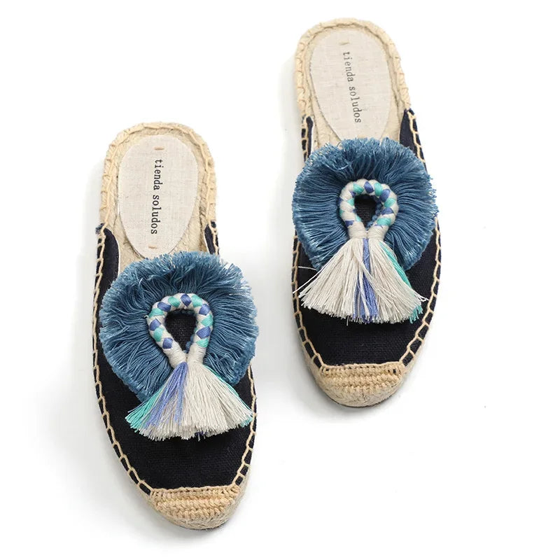 Women's Slippers  Espadrilles  Fluffy Ball Mule Slides Sale -  Rubber Hemp Shoes Outside Spring  women  sandals