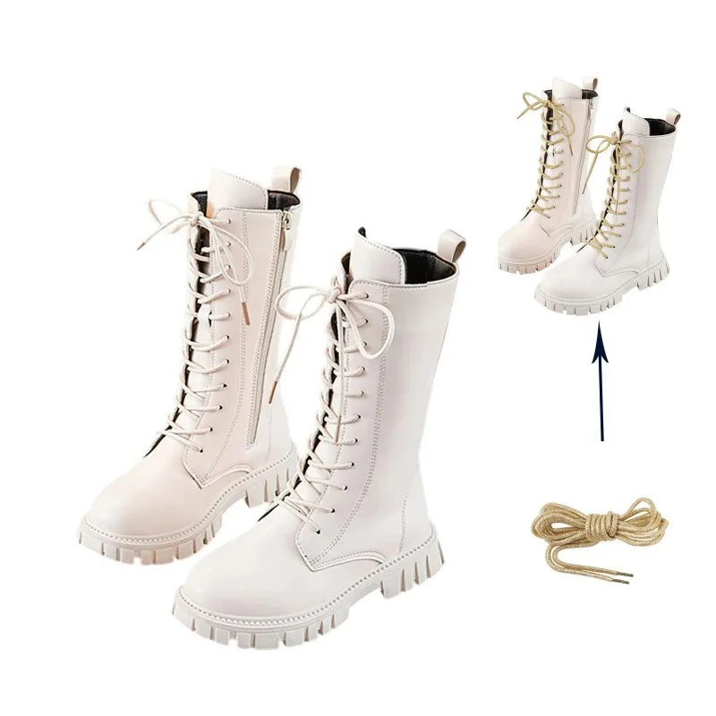Girls White Lace-Up Boots Booties Side Zipper Soft Bottom Leather Dress/School Riding Boot Kids Autumn/Winter Fashion Mid Boots
