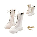 Girls White Lace-Up Boots Booties Side Zipper Soft Bottom Leather Dress/School Riding Boot Kids Autumn/Winter Fashion Mid Boots