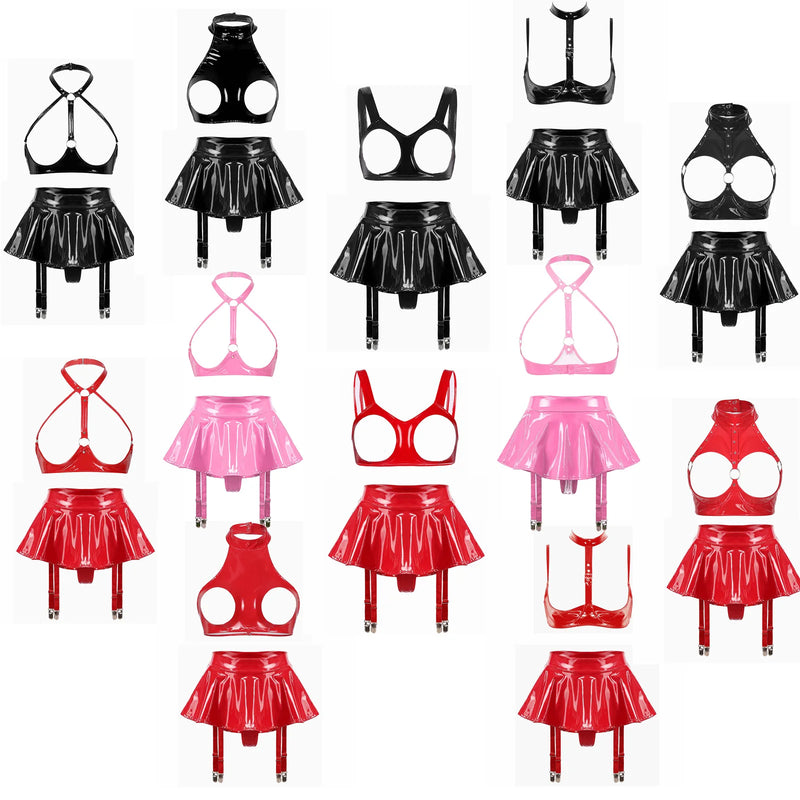 Lingerie Sexy Set Women Wetlook Patent Leather Wire-free Open Cup Sexy Bra with Ruffle Built-in Thongs Garter Belt Mini Skirts
