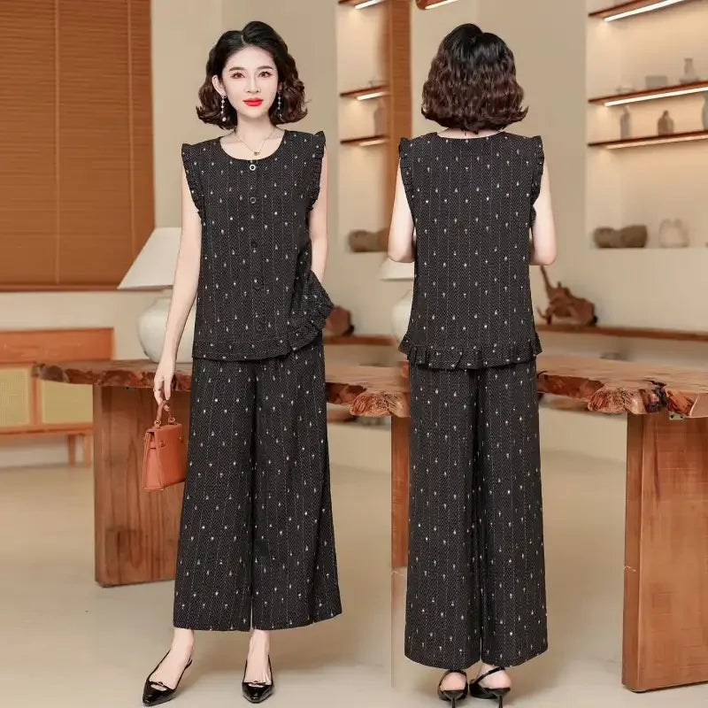 Women 2 Piece Outfit Sleeveless Printed Top And Wide Leg Pants Summer Casual Mom Wear For Middle Aged