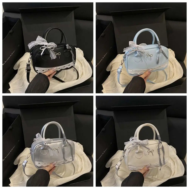 Zipper PU Leather Boston Handbag Lace Ribbon Bow Crossbody Bowling Bag Korean Style Waterproof Small Square Bag Travel