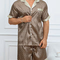 2pcs Men's Geometric Print Pajama Set Stylish Brown Short-Sleeve Shirt with Elastic Waist Shorts Comfortable Polyester Sleepwear