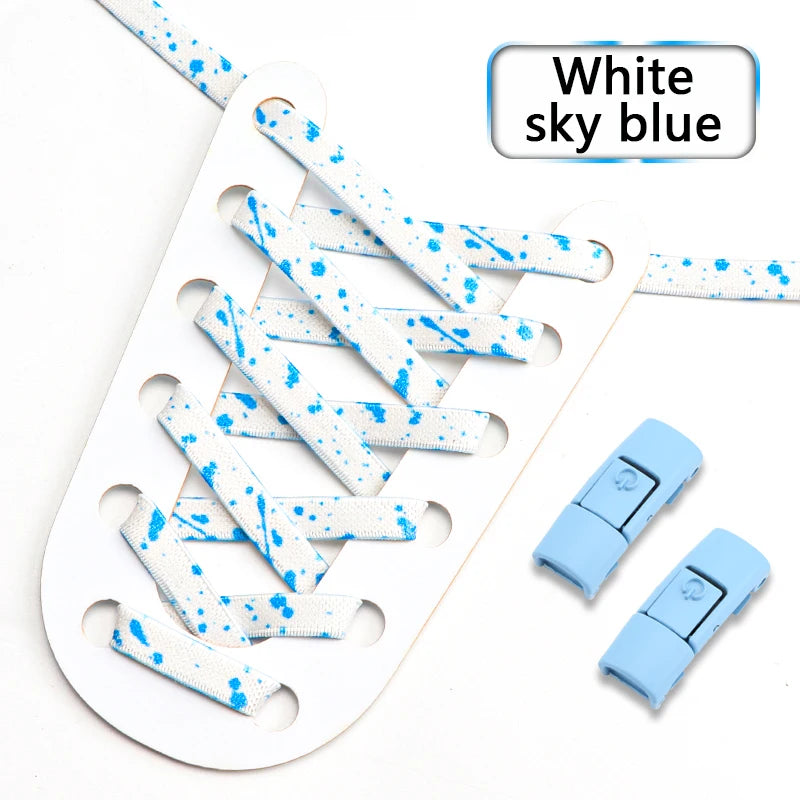 No Tie Shoelaces for Sneakers Colorful Press Metal Lock Shoelace Splashing Ink Print Flat Elastic Laces Without Ties Shoe Laces
