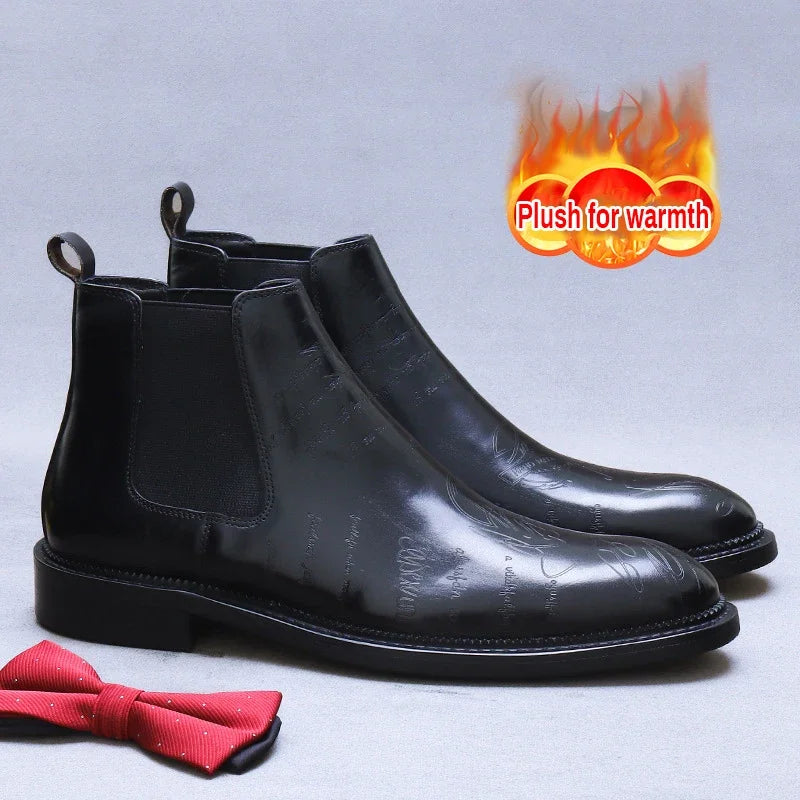 Genuine Leather Embossed Ankle Boots for Men Letter Business Formal Leather Boots Men's Chelsea Boots British Trendy Men's Boots