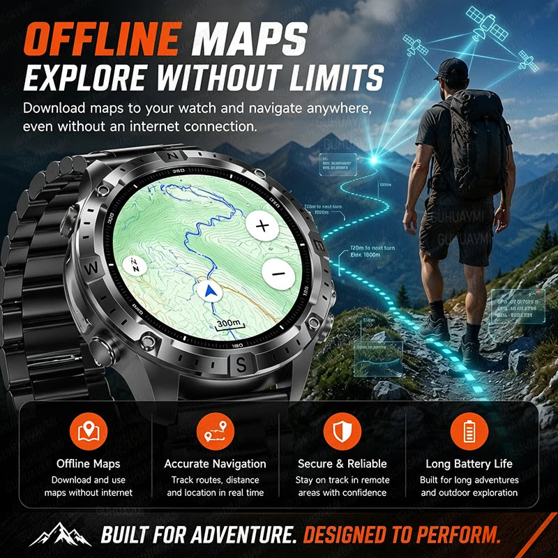 2026 Offline Map New Smart Watch 3ATM Waterproof GPS Navigation Compass Altimeter Flashlight Men 170+ Sports Bracelet Men Women