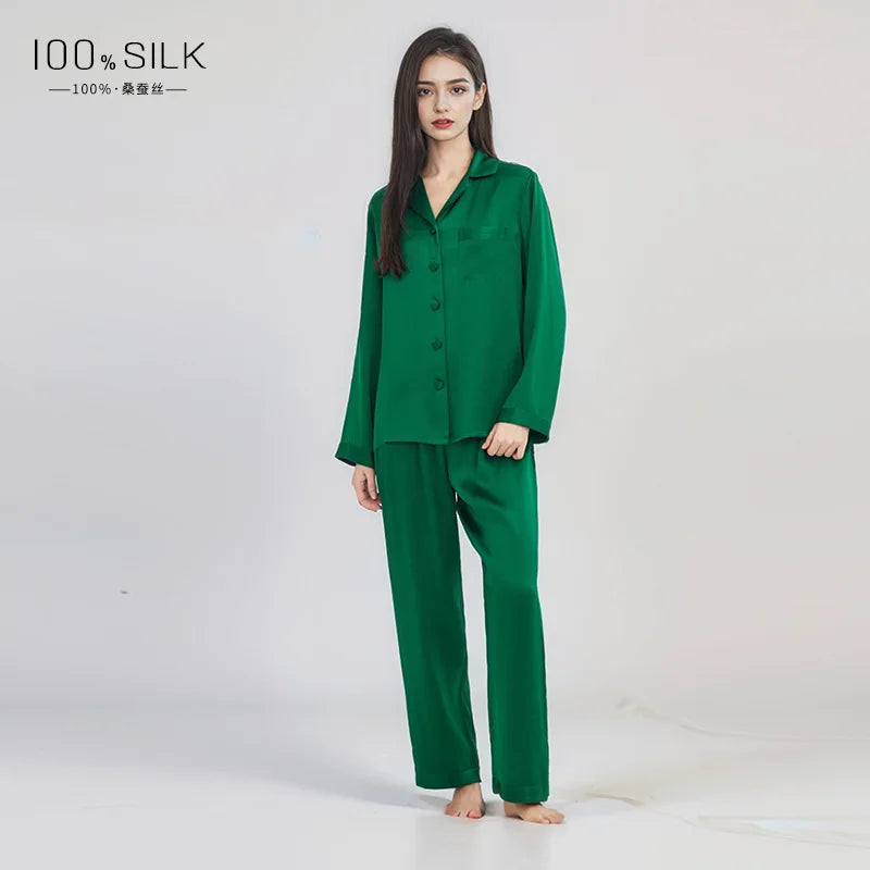 2025 Summer New 100% Mulberry Silk Long-Sleeve Long Pants 2PCS Sets Women's Pajama Set European  American Style Loungewear