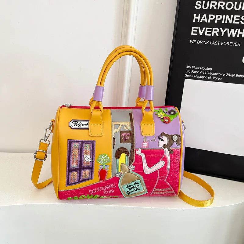 Women PU Leather Boston Handbag Large Capacity Zipper Crossbody Shoulder Bag Casual Ladies Messenger Bag