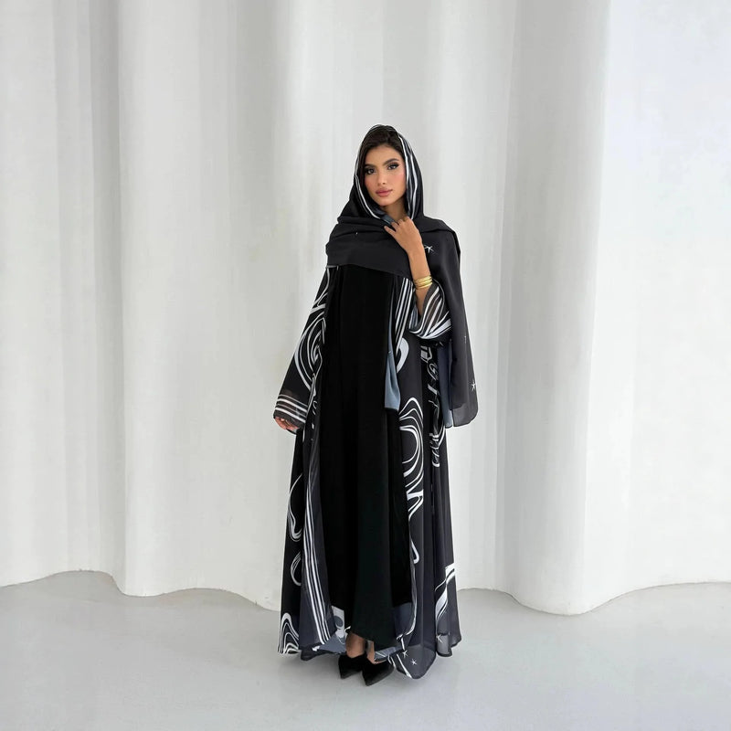 Eid Women Abaya Print Headscarf Cardigan Dress Muslim | SAMAG