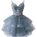 Customized Tiered Tulle A Line Homecoming Dress For Teens Sparkly Lace Applique Beaded Short Prom Dress Mini Cocktail Party Gown