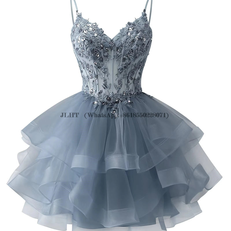 Customized Tiered Tulle A Line Homecoming Dress For Teens Sparkly Lace Applique Beaded Short Prom Dress Mini Cocktail Party Gown