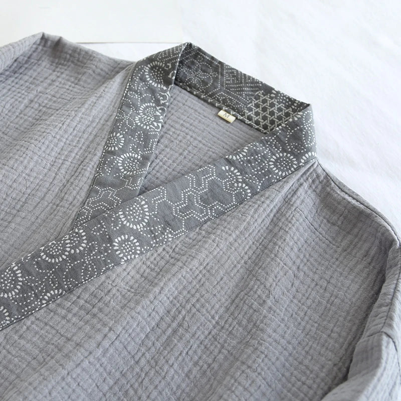 Men Japanese Kimono Pajamas Set Cotton Robe Pants Kimono Haori Yukata Nightgown Sleepwear with Pocket Lace Up