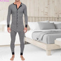 Men Skinny Striped Jumpsuit 2021 Long Sleeve O Neck Buttons Romper Sleepwear Overall Homewear Pajamas Sets Underwear