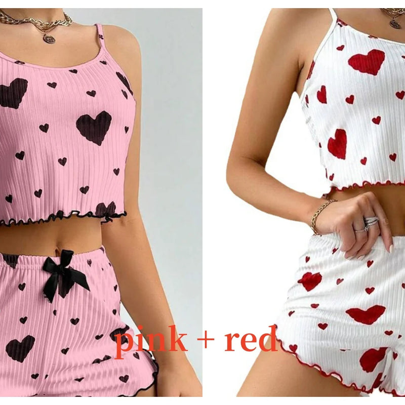 Women's Pajamas Set Sleepwear 2 PCS Short Tank Tops And Shorts S M L White Ventilate Soft Casual Love Printing