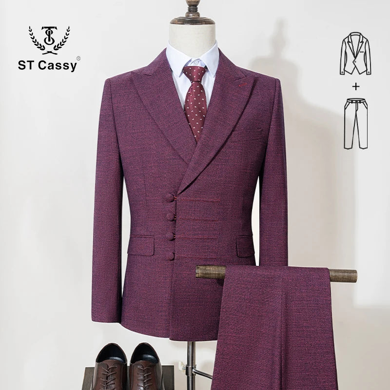 ST Cassy Elegant Men's Suits for Wedding Slim Fit Double Breasted Multiple Buttons Casual Business Two-Piece Dress Party Outfit