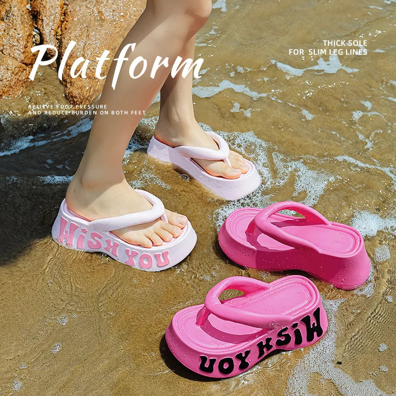 Women's Summer Fashion EVA Platform Slippers Wedge Heel Sandals Letter Print Thick Bottom Non-Slip Beach Slides