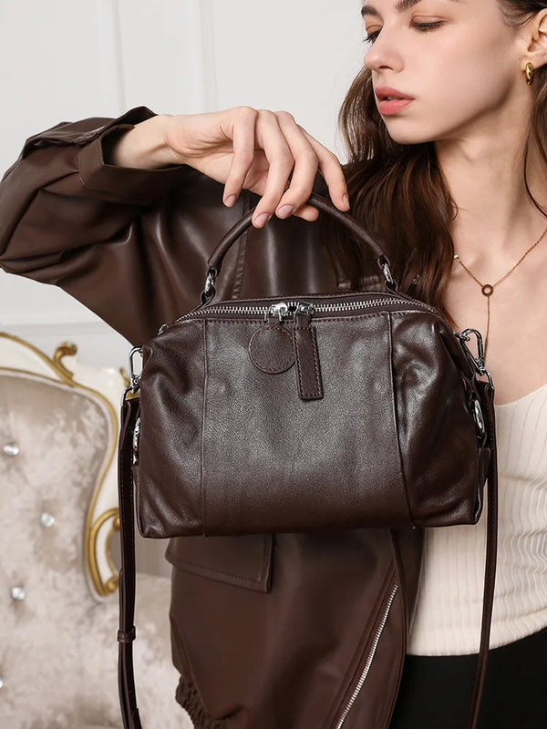Women's Handbag 2026 New Top Grain Leather Boston Bag Unique Shoulder Crossbody Bag Vintage Commuting Versatile Handheld Tote