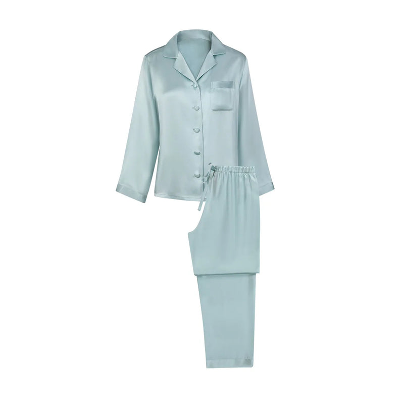 Birdtree 16MM 100% Real Silk Pajama Set Women's Solid Lapel Long Sleeve Pants Basic Comfortable Loungewear Spring S3D988QD